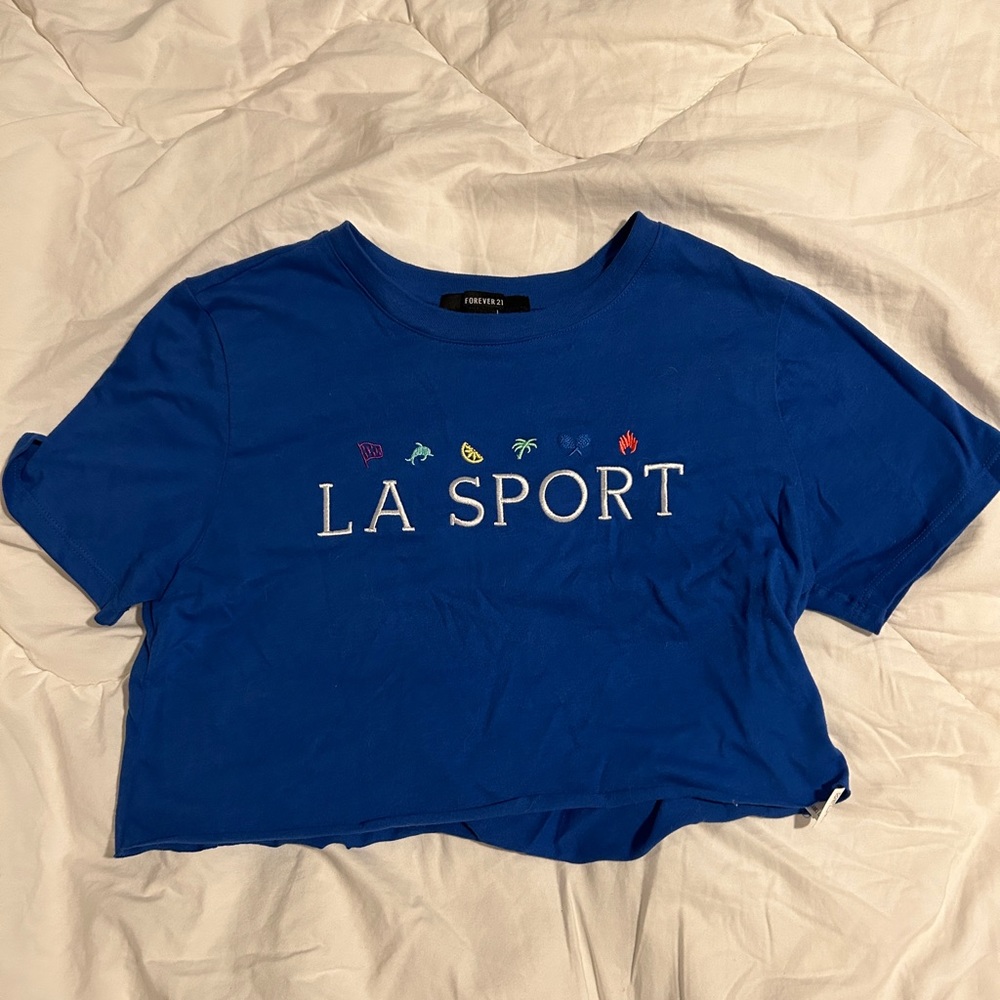 Bright blue Forever 21 LA Sport cropped t-shirt size medium